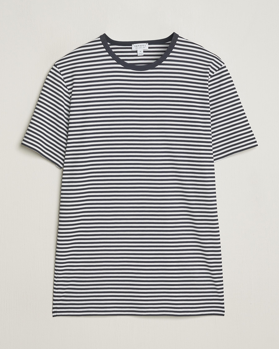 Men | T-Shirts | Sunspel | Striped Crew Neck Q82 Cotton T-Shirt White/Navy