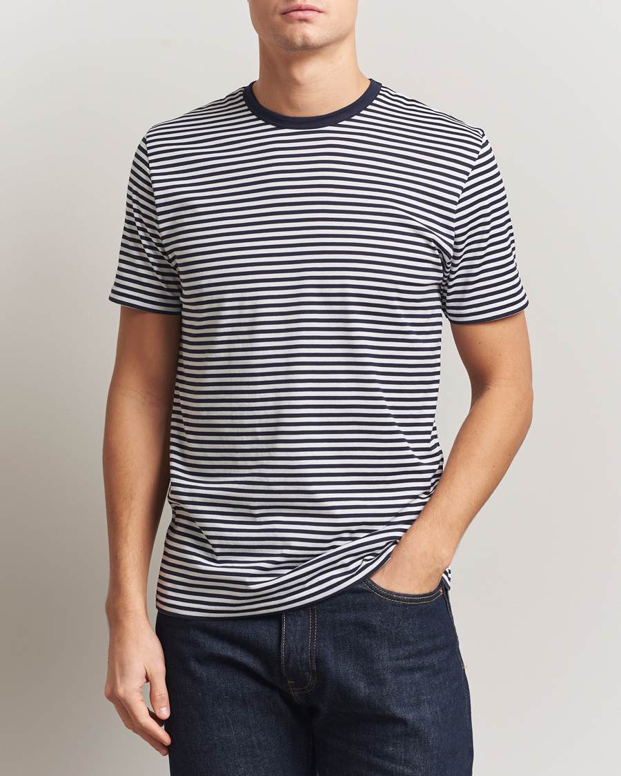 Men | T-Shirts | Sunspel | Striped Crew Neck Q82 Cotton T-Shirt White/Navy