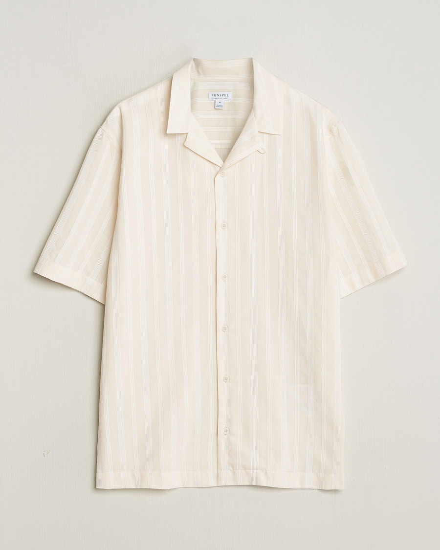 Men | Shirts | Sunspel | Embroidered Striped Short Sleeve Shirt Ecru