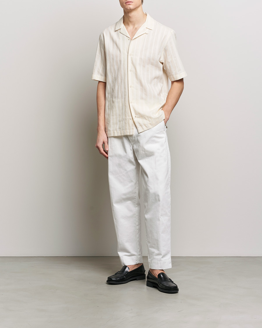 Men | Shirts | Sunspel | Embroidered Striped Short Sleeve Shirt Ecru