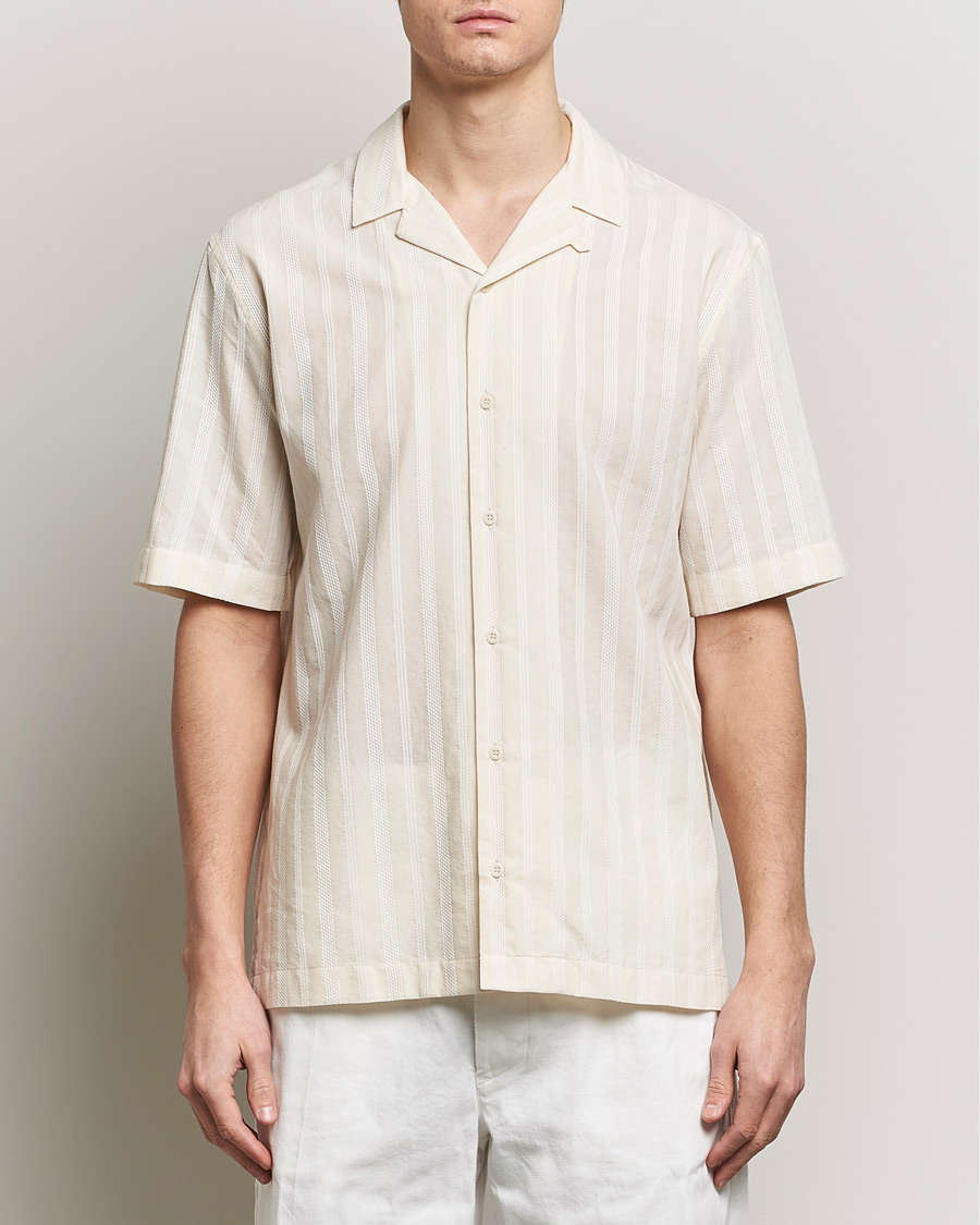 Men | Casual | Sunspel | Embroidered Striped Short Sleeve Shirt Ecru