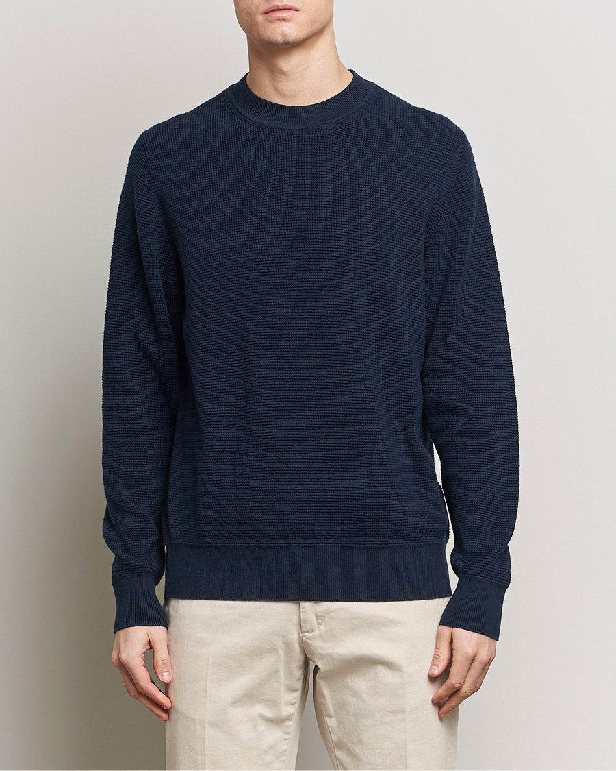 Men | Knitted Jumpers | Sunspel | Waffle Stitch Crew Neck Navy