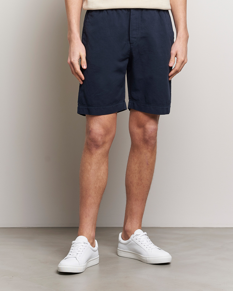 Men | Drawstring Shorts | Sunspel | Cotton/Linen Drawstring Shorts Navy