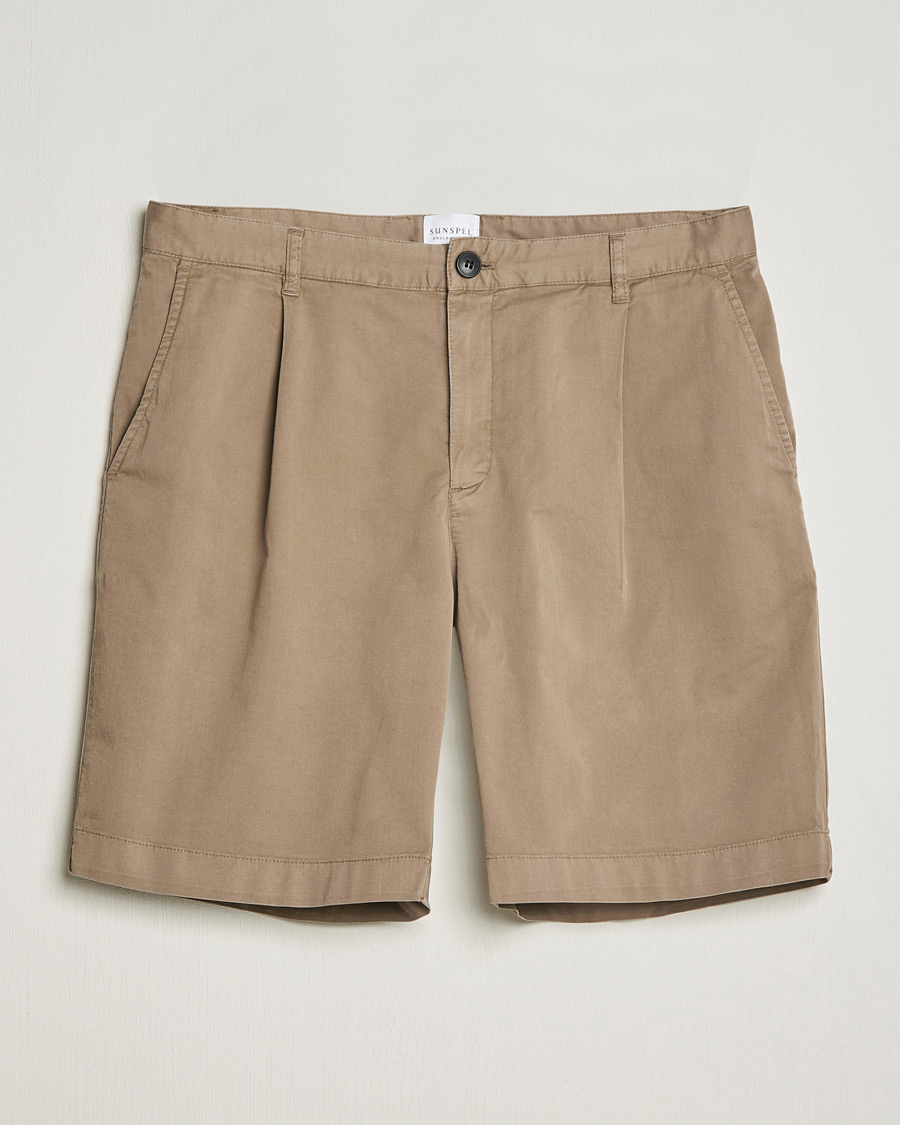 Men | Shorts | Sunspel | Pleated Stretch Cotton Twill Shorts Dark Stone