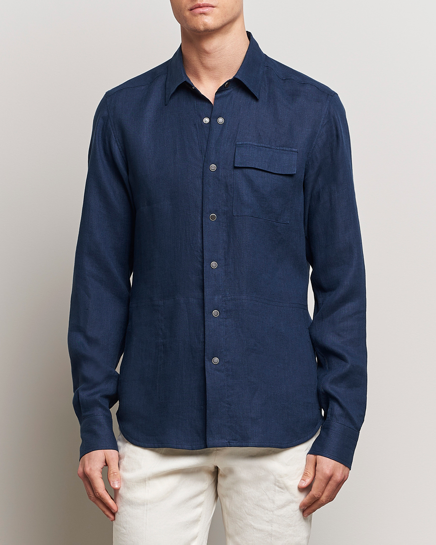 Men | Luxury Brands | Kiton | Pure Linen Overshirt Dark Blue