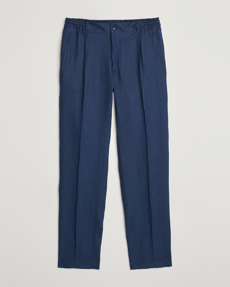 Men |  | Kiton | Pure Linen Drawstring Trousers Dark Blue