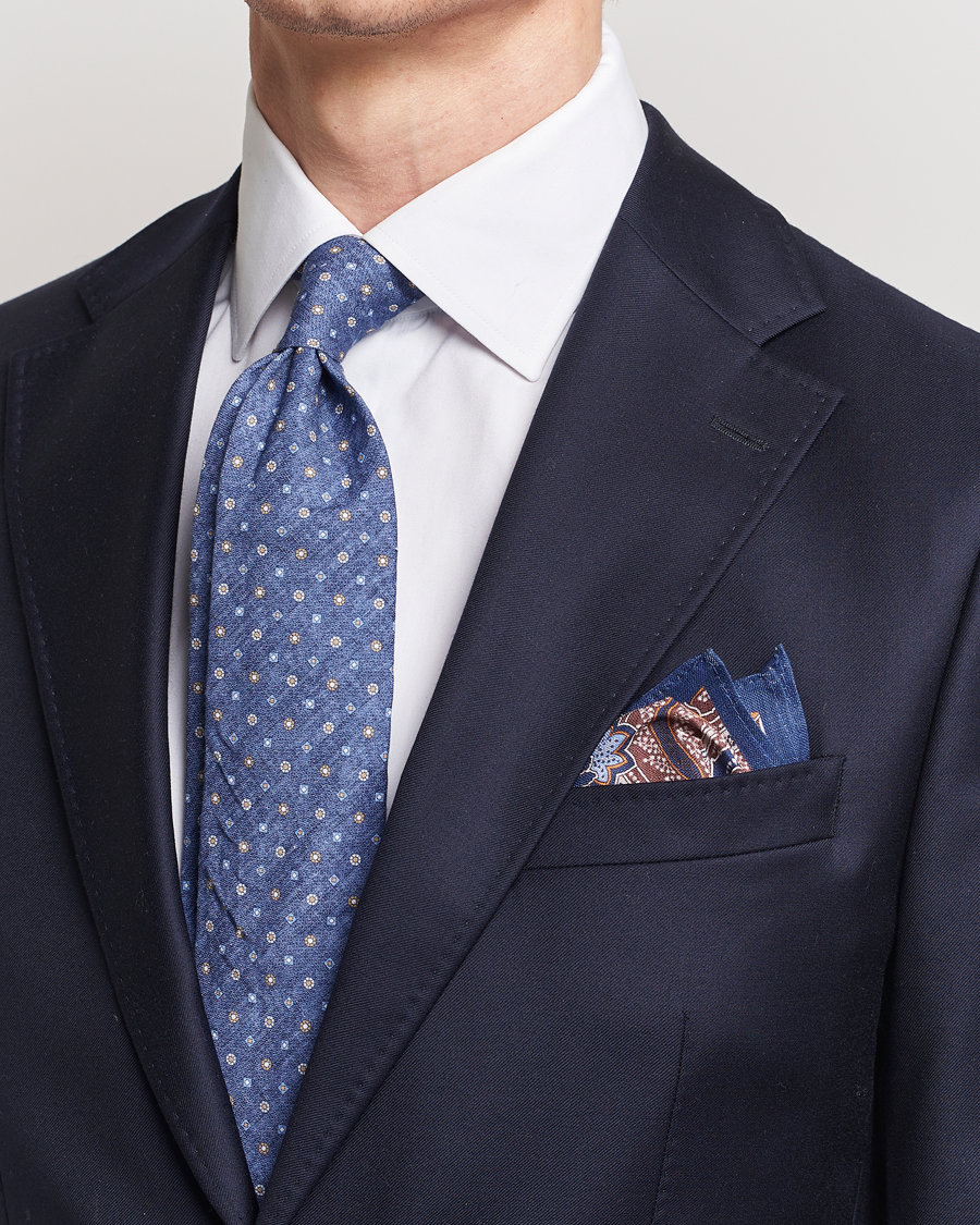 Men | Business & Beyond | Amanda Christensen | Box Set Printed Linen 8cm Tie With Pocket Square Navy