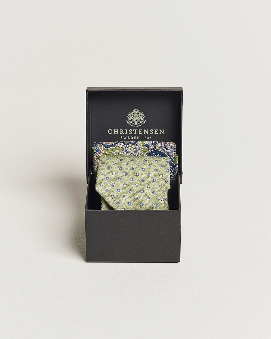 Men | Amanda Christensen Box Set Printed Linen 8cm Tie With Pocket Square Green | Amanda Christensen | Box Set Printed Linen 8cm Tie With Pocket Square Green