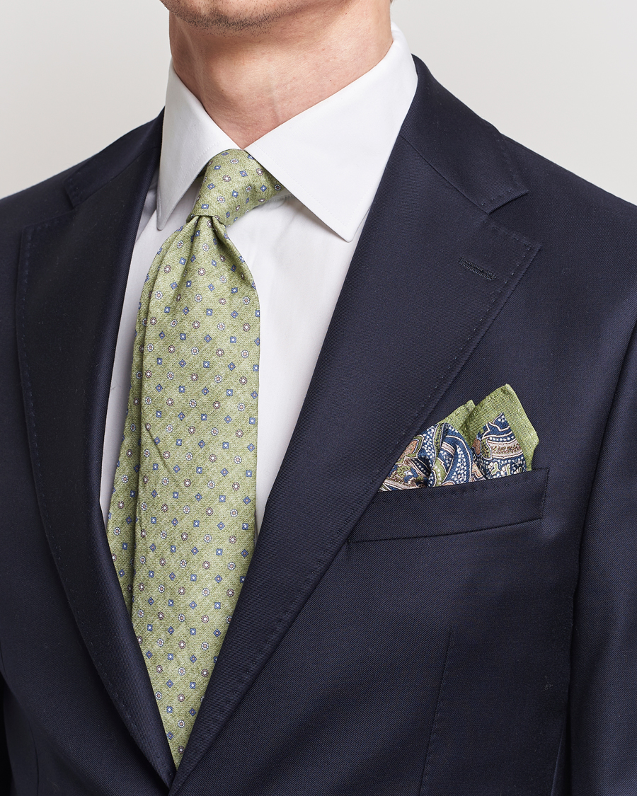 Men | Amanda Christensen Box Set Printed Linen 8cm Tie With Pocket Square Green | Amanda Christensen | Box Set Printed Linen 8cm Tie With Pocket Square Green