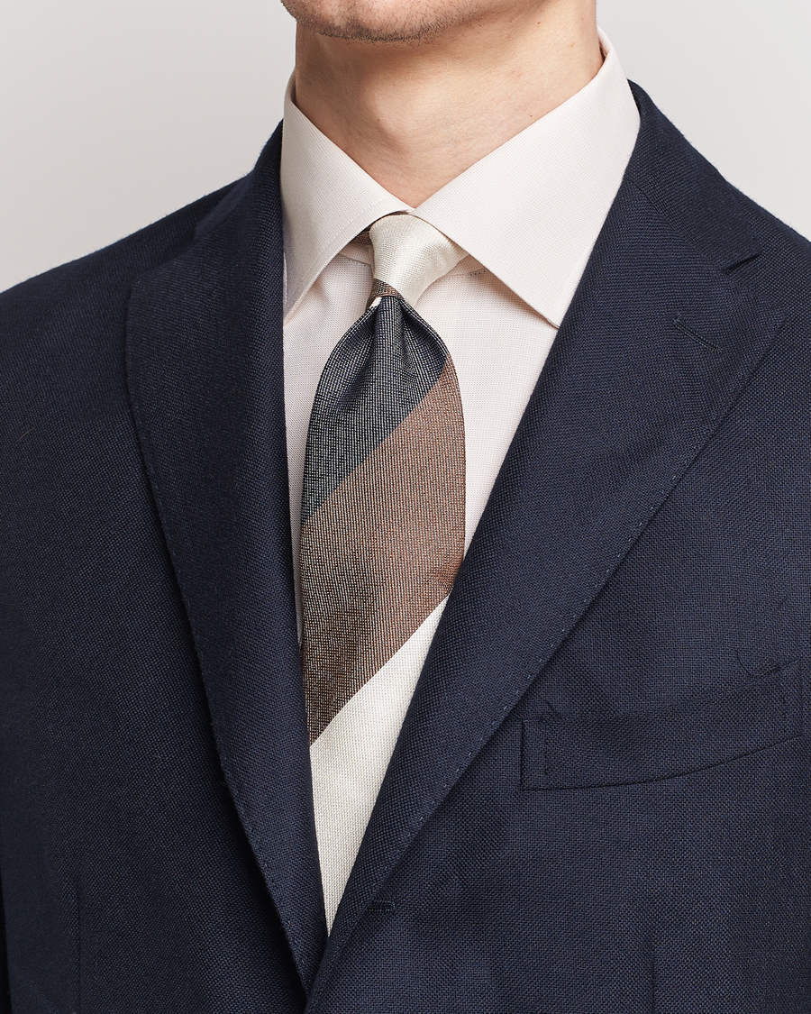 Men | Dark Suit | Amanda Christensen | Silk Bouclé Block Striped 8cm Tie White/Blue/Brown