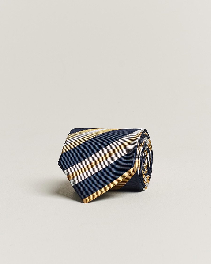 Men | Amanda Christensen Silk Club Striped 8cm Tie Navy/Yellow | Amanda Christensen | Silk Club Striped 8cm Tie Navy/Yellow