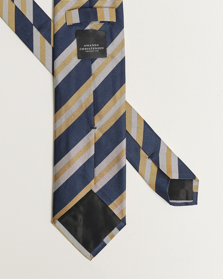 Men | Amanda Christensen Silk Club Striped 8cm Tie Navy/Yellow | Amanda Christensen | Silk Club Striped 8cm Tie Navy/Yellow