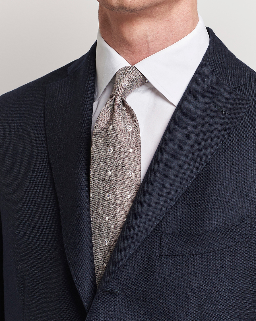Men | Business Casual | Amanda Christensen | Cotton/Silk/Linen Printed Flower 8cm Tie Brown