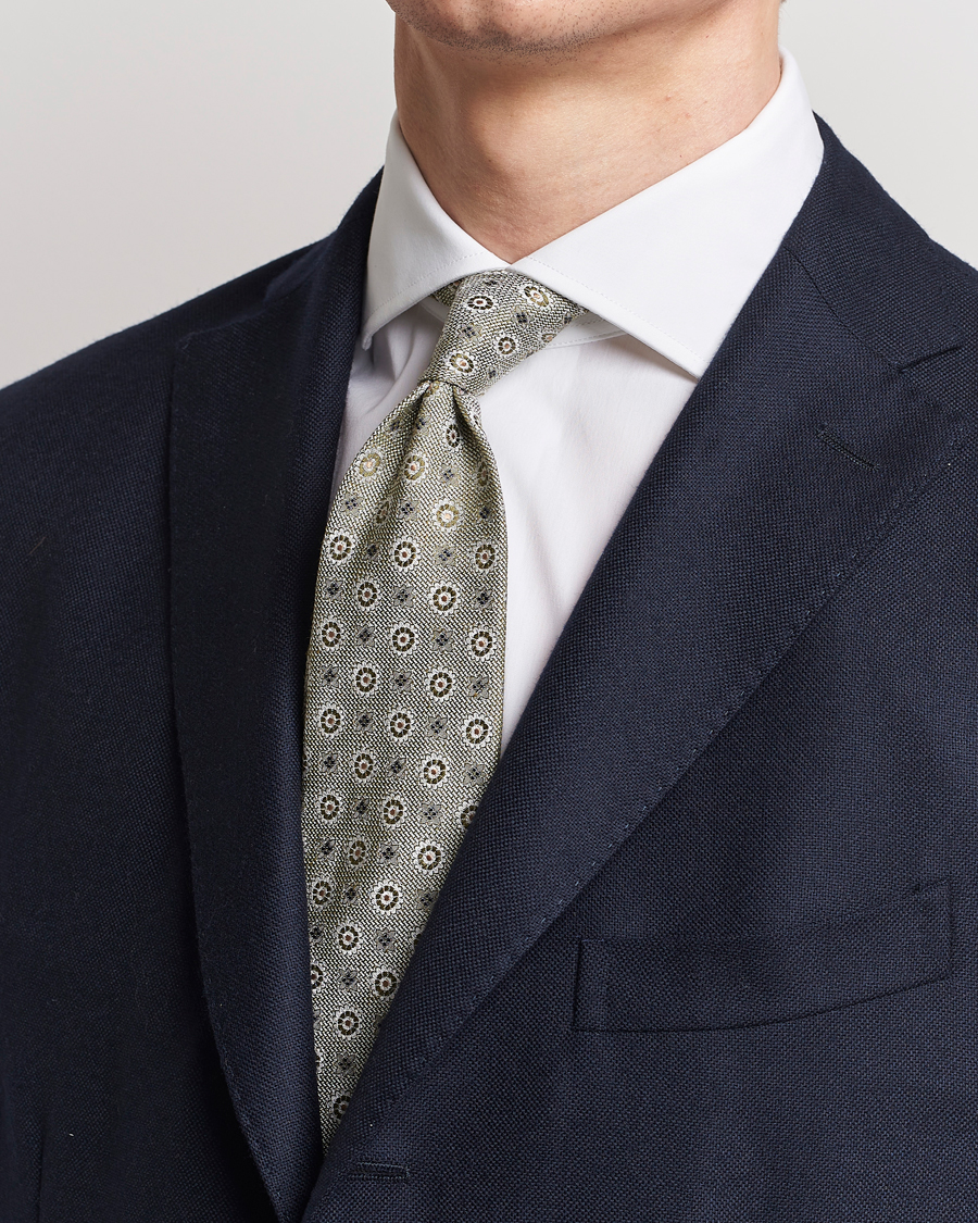 Men | Dark Suit | Amanda Christensen | Linen/Silk Printed Flower 8cm Tie Green