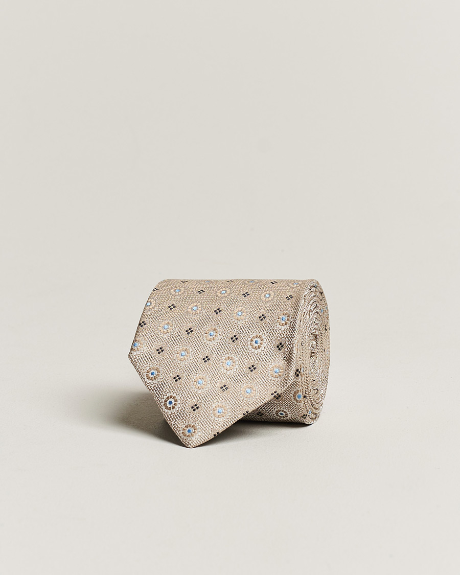 Men | Amanda Christensen Linen/Silk Printed Flower 8cm Tie Beige | Amanda Christensen | Linen/Silk Printed Flower 8cm Tie Beige