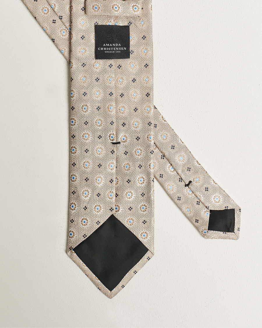 Men | Amanda Christensen Linen/Silk Printed Flower 8cm Tie Beige | Amanda Christensen | Linen/Silk Printed Flower 8cm Tie Beige