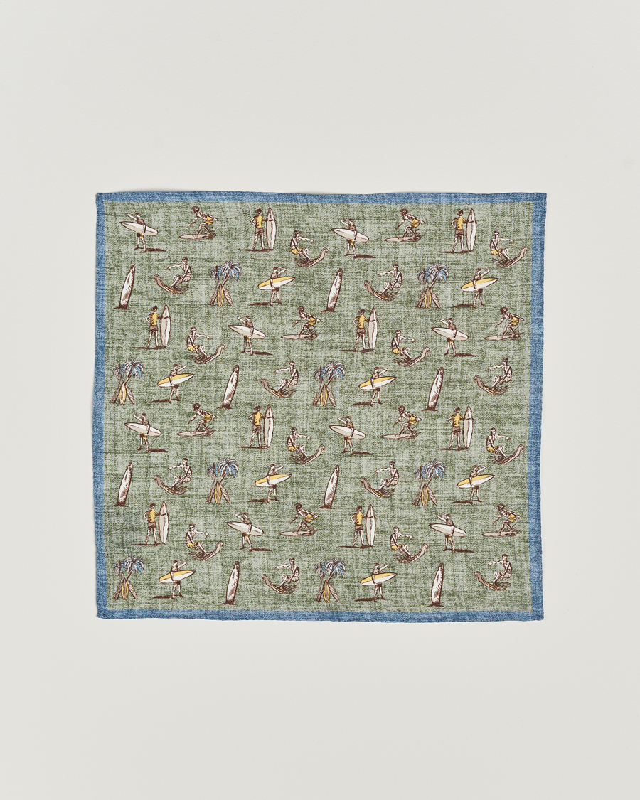 Men | Amanda Christensen Linen Printed Surfer Pocket Square Green | Amanda Christensen | Linen Printed Surfer Pocket Square Green
