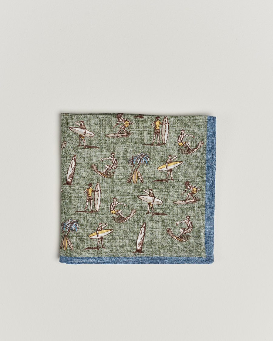 Men | Amanda Christensen Linen Printed Surfer Pocket Square Green | Amanda Christensen | Linen Printed Surfer Pocket Square Green