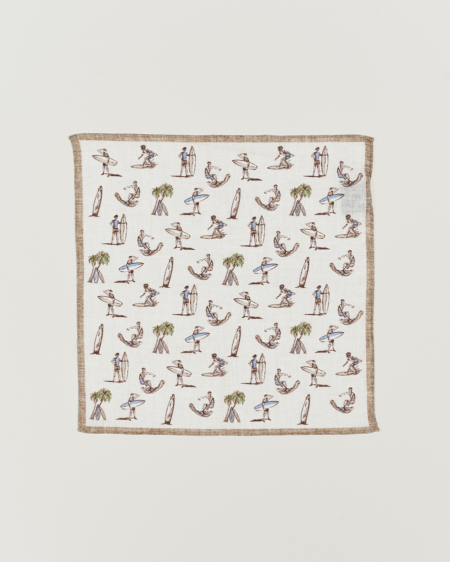 Men | Amanda Christensen Linen Printed Surfer Pocket Square White | Amanda Christensen | Linen Printed Surfer Pocket Square White