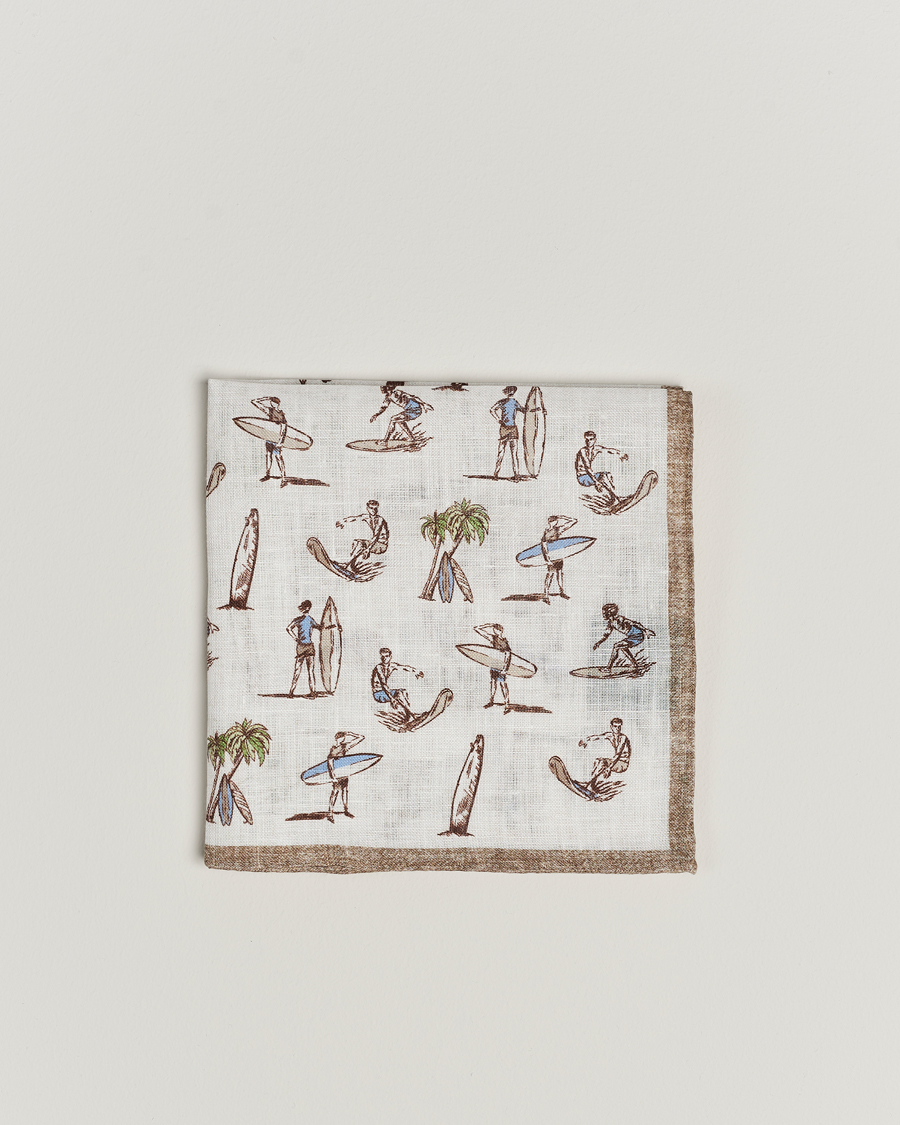 Men | Amanda Christensen Linen Printed Surfer Pocket Square White | Amanda Christensen | Linen Printed Surfer Pocket Square White