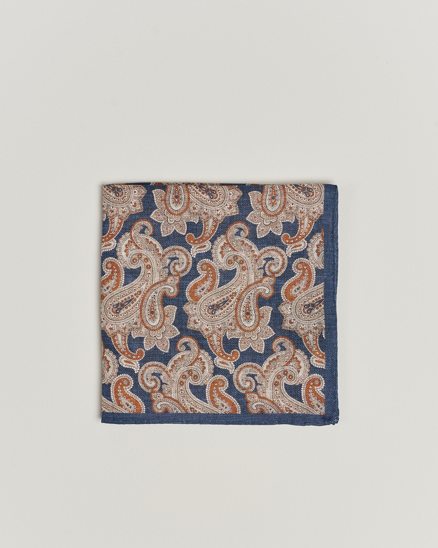 Men | Pocket Squares | Amanda Christensen | Linen Printed Large Paisley Pocket Square Navy