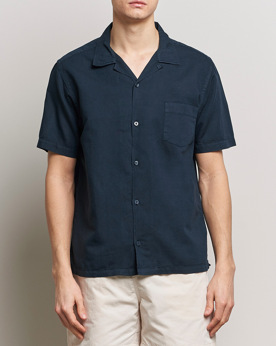 Men | Shirts | Colorful Standard | Cotton/Linen Short Sleeve Shirt Navy Blue