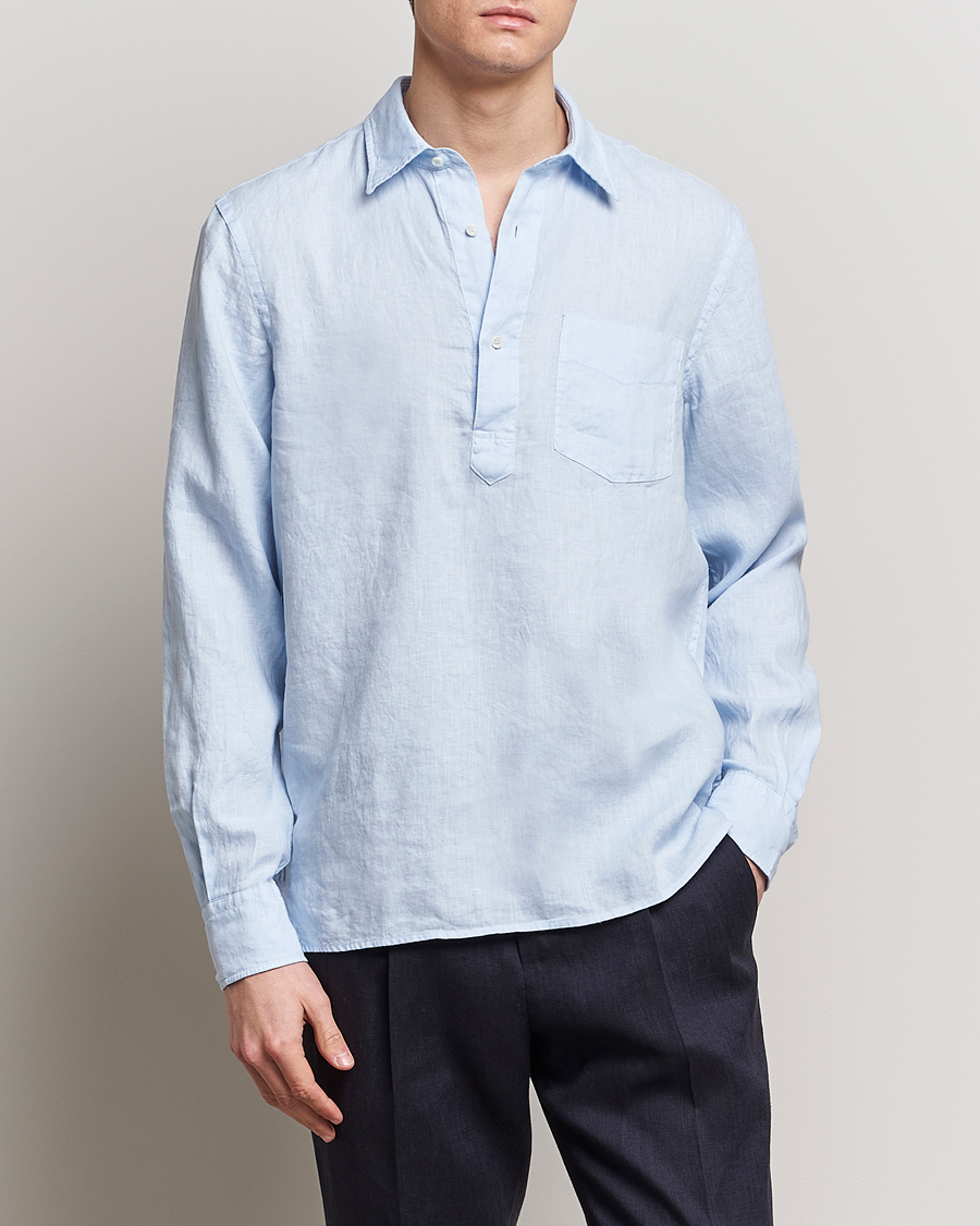 Men | The Linen Closet | Aspesi | Linen Popover Shirt Light Blue