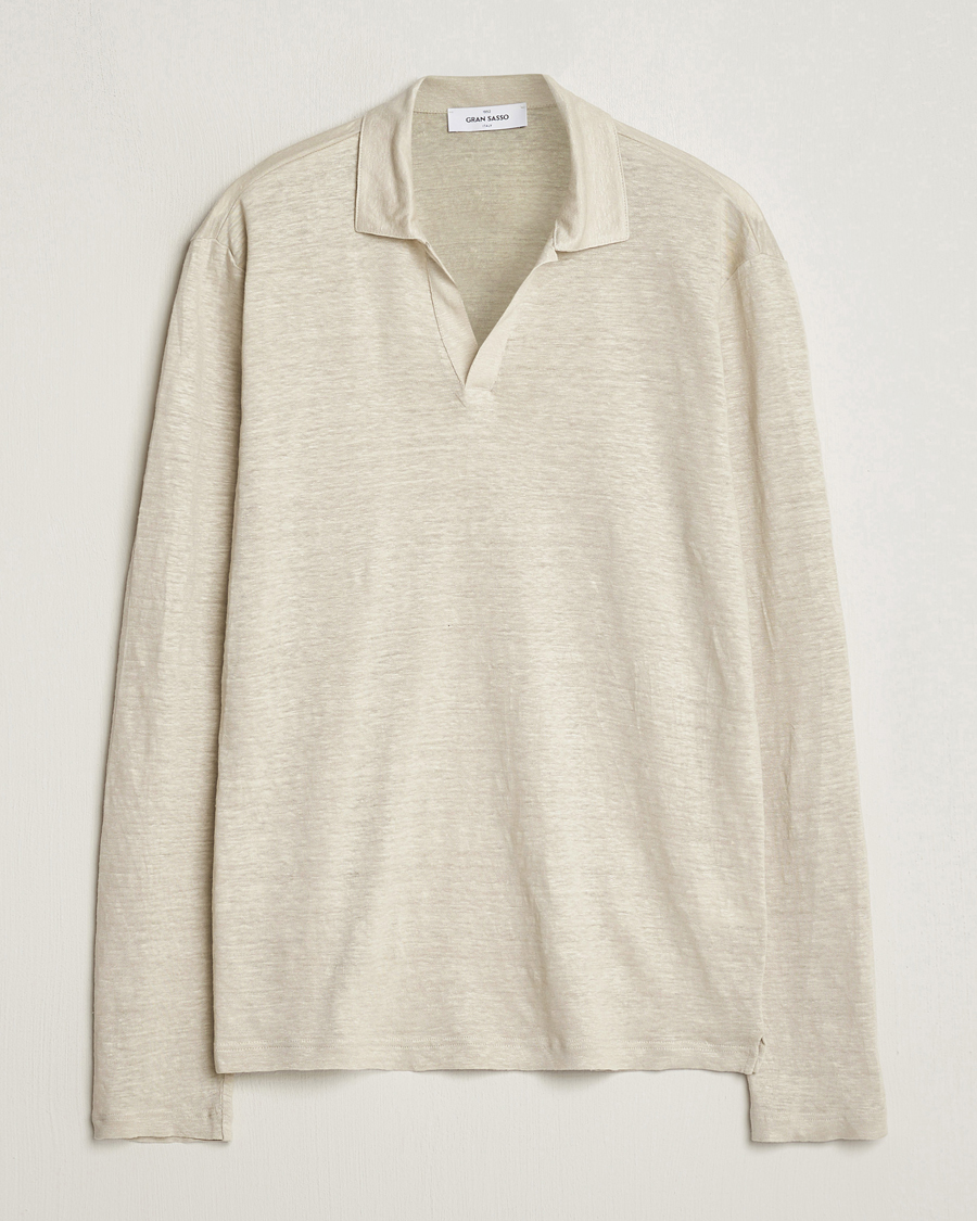 Men | Sweaters & Knitwear | Gran Sasso | Washed Linen Long Sleeve Polo Beige Melange