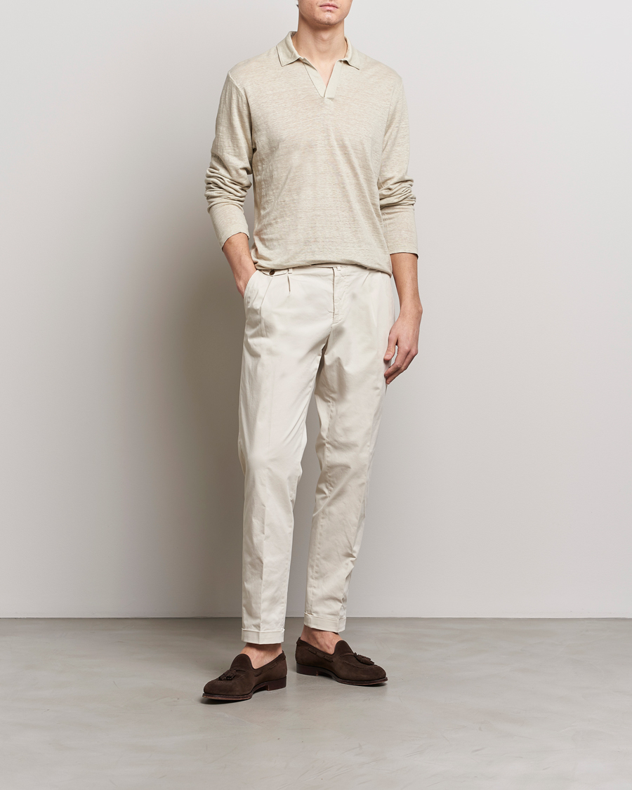 Men | Sweaters & Knitwear | Gran Sasso | Washed Linen Long Sleeve Polo Beige Melange