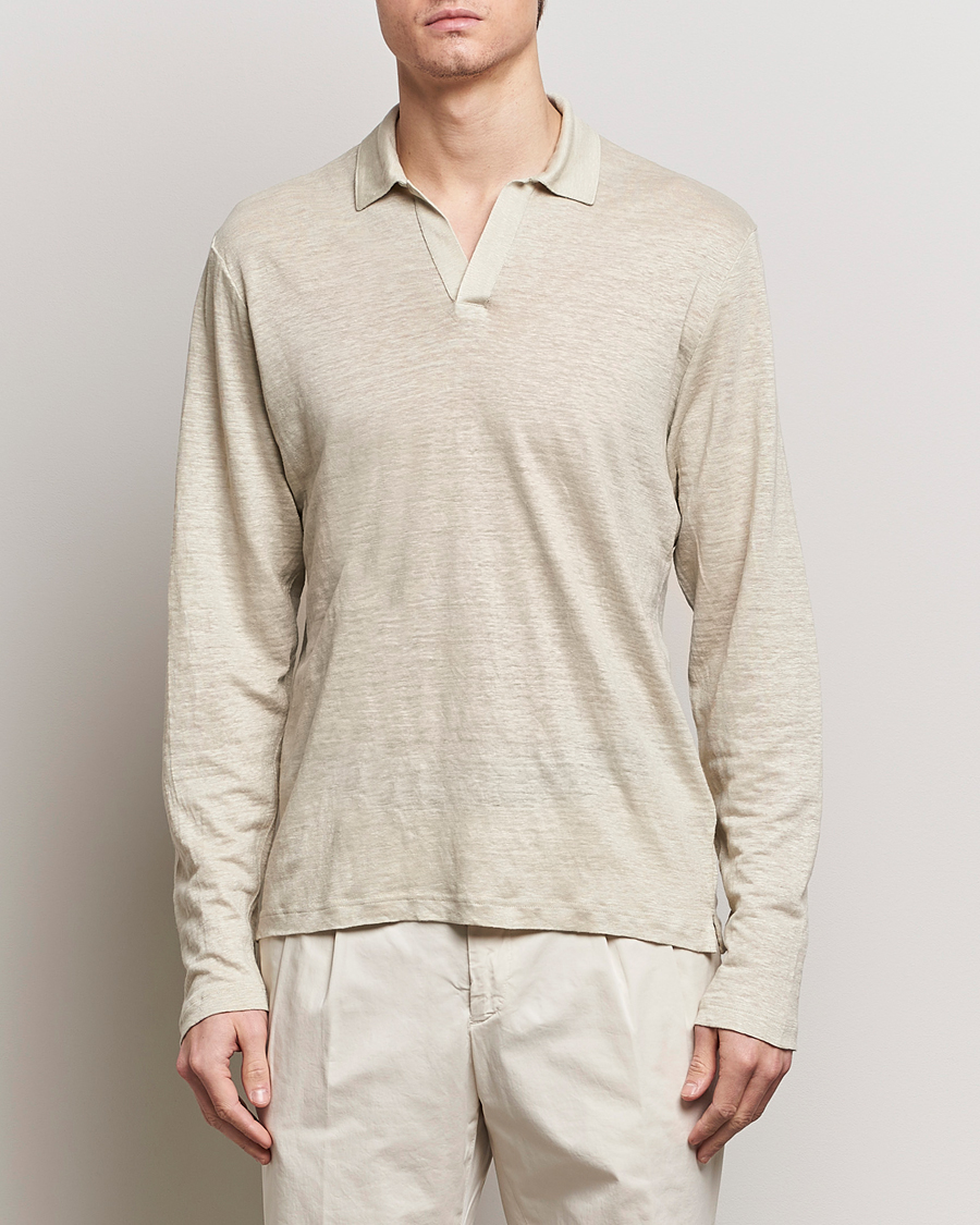 Men | Sweaters & Knitwear | Gran Sasso | Washed Linen Long Sleeve Polo Beige Melange