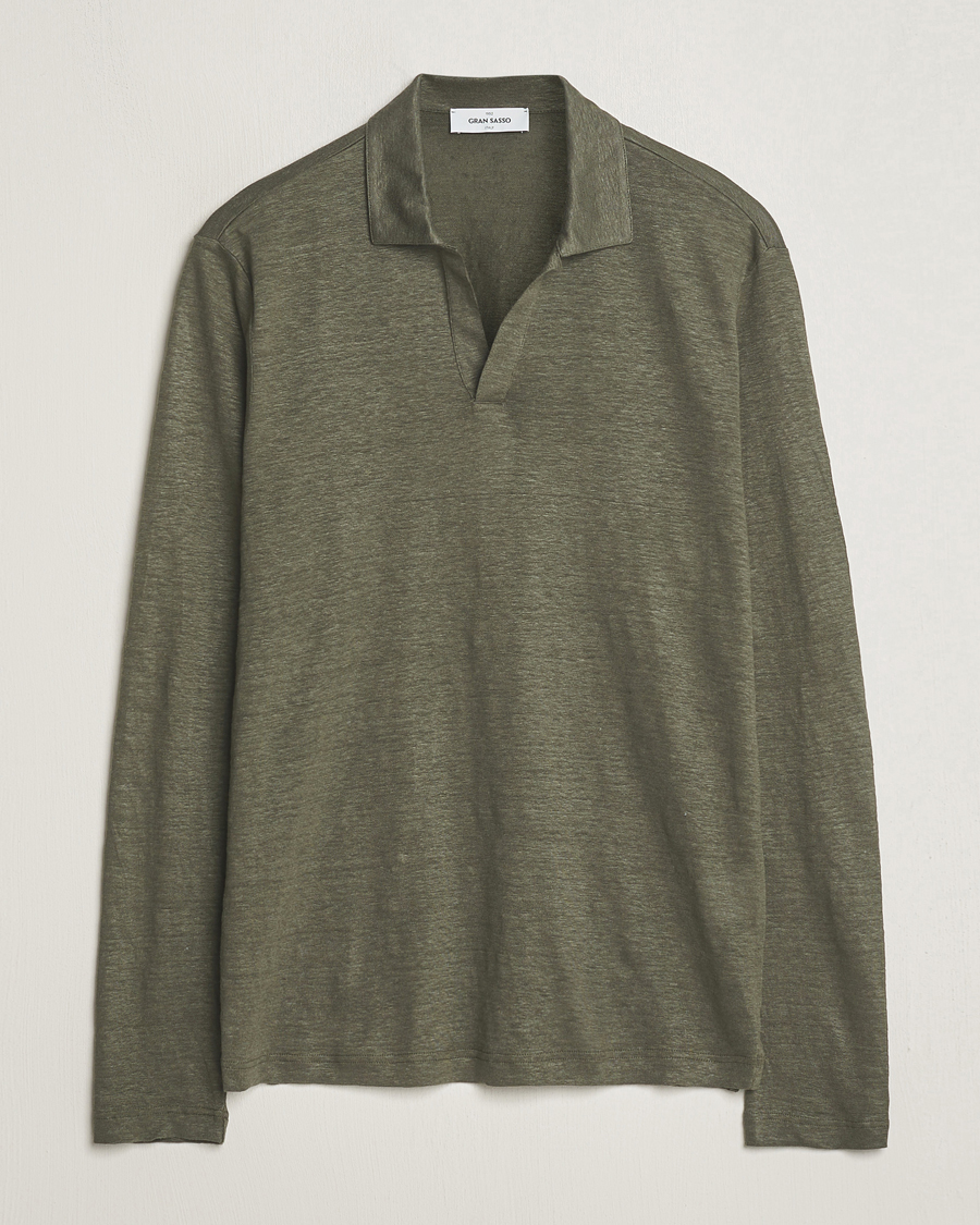 Men | Sweaters & Knitwear | Gran Sasso | Washed Linen Long Sleeve Polo Dark Green Melange