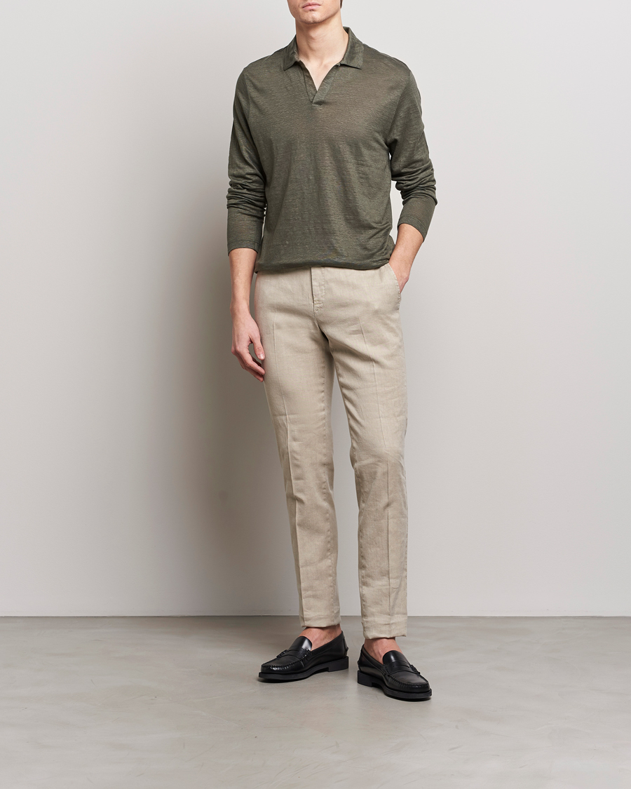Men | Sweaters & Knitwear | Gran Sasso | Washed Linen Long Sleeve Polo Dark Green Melange