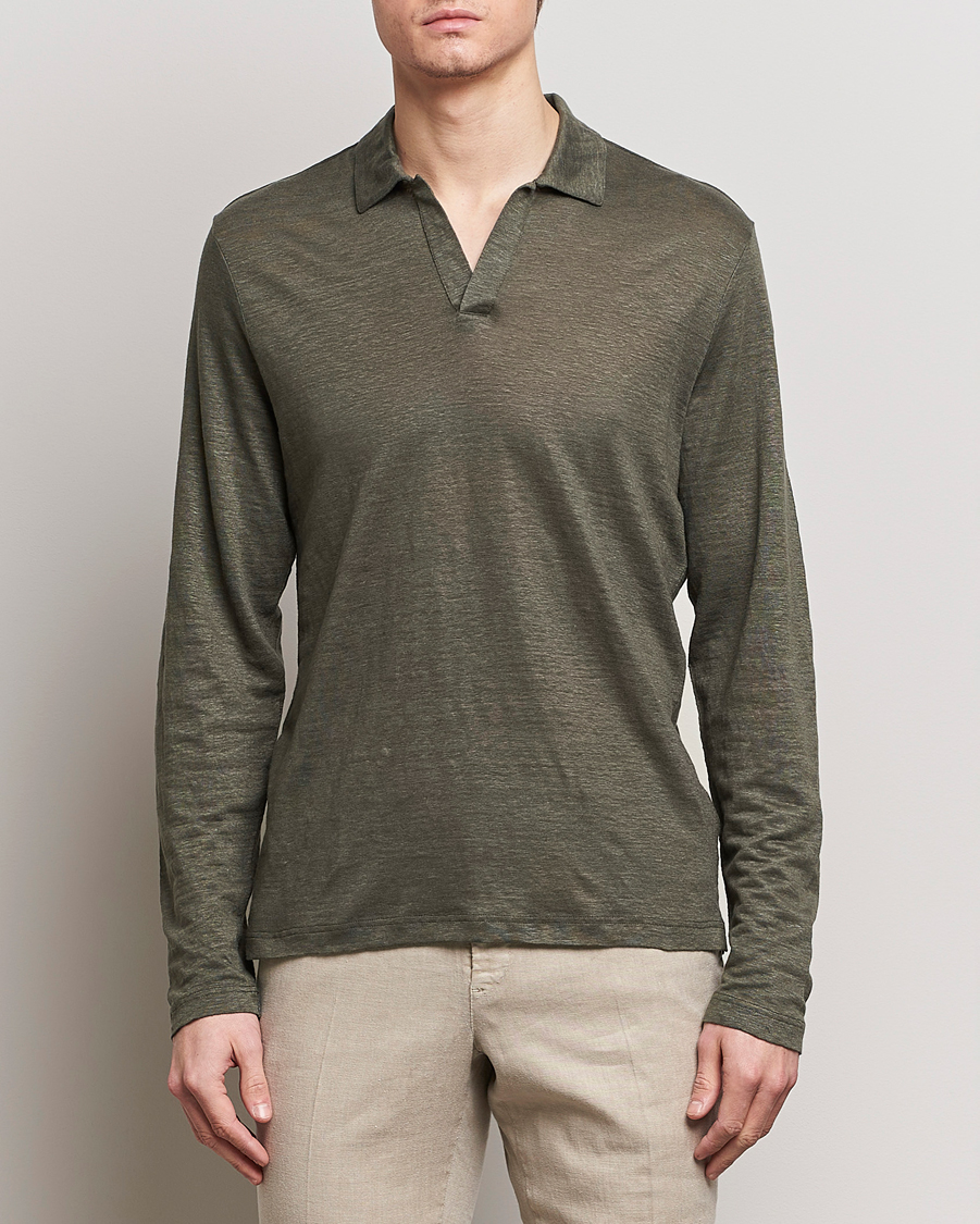Men | Sweaters & Knitwear | Gran Sasso | Washed Linen Long Sleeve Polo Dark Green Melange