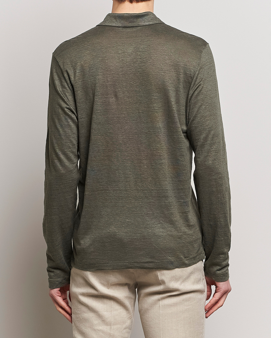 Men | Sweaters & Knitwear | Gran Sasso | Washed Linen Long Sleeve Polo Dark Green Melange