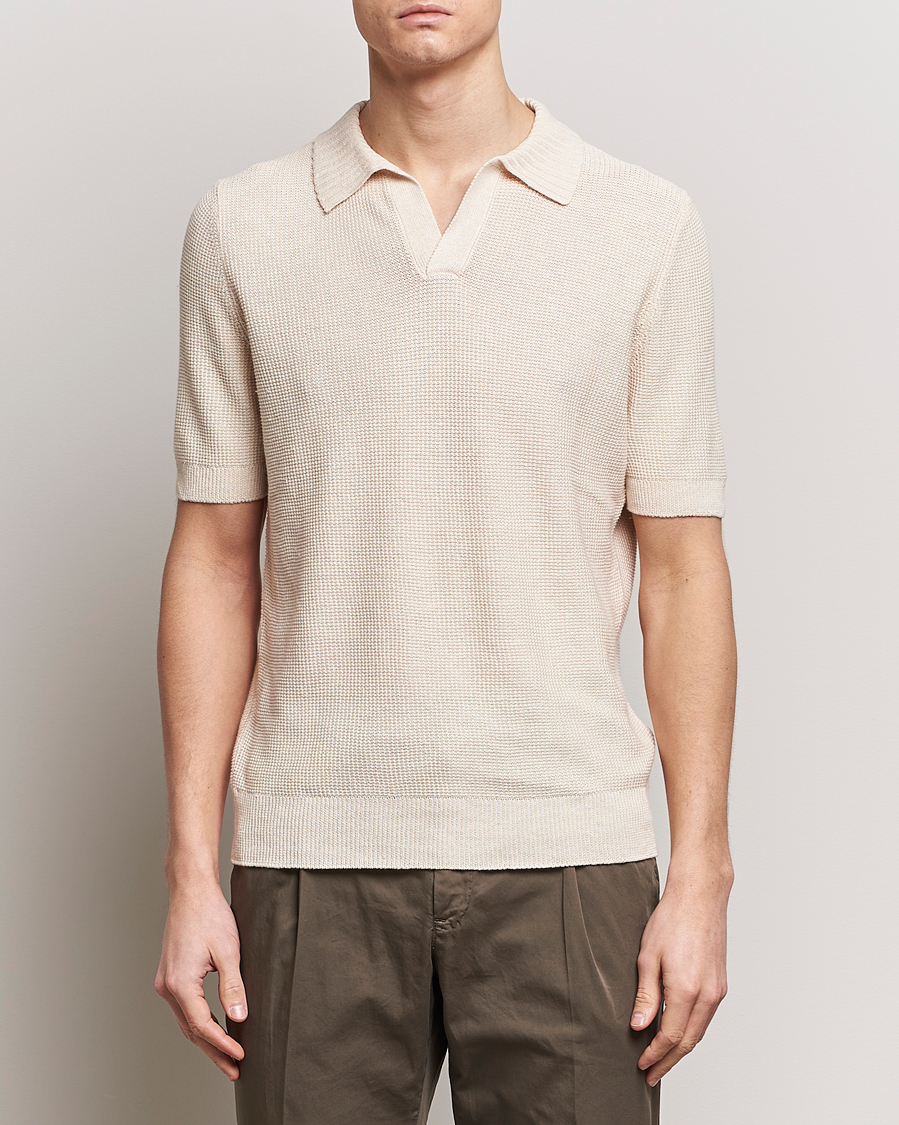 Men | Short Sleeve Polo Shirts | Gran Sasso | Linen/Cotton Open Collar Polo Cream