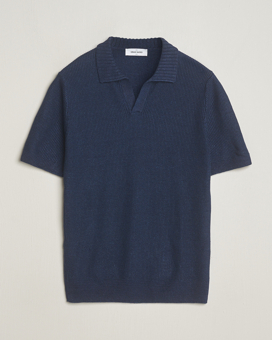 Men | Polo Shirts | Gran Sasso | Linen/Cotton Open Collar Polo Navy