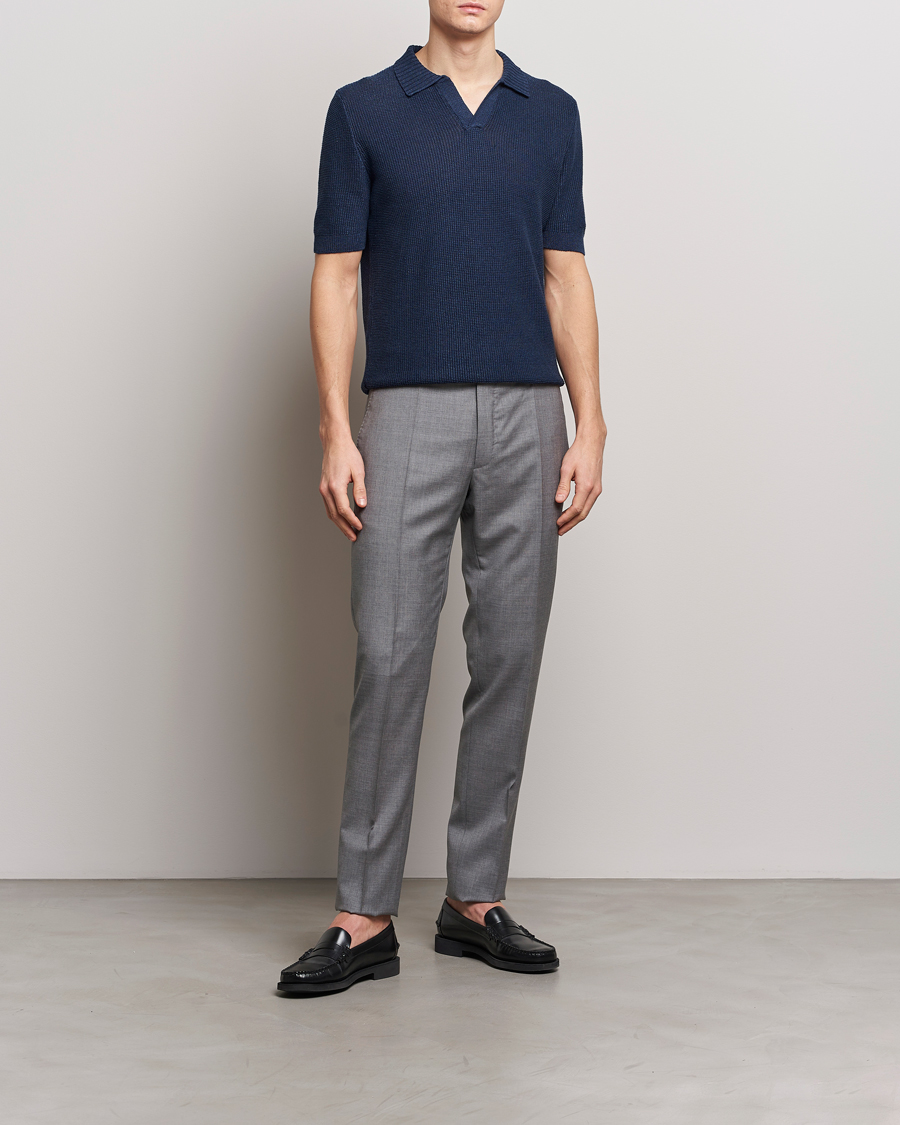 Men | Polo Shirts | Gran Sasso | Linen/Cotton Open Collar Polo Navy