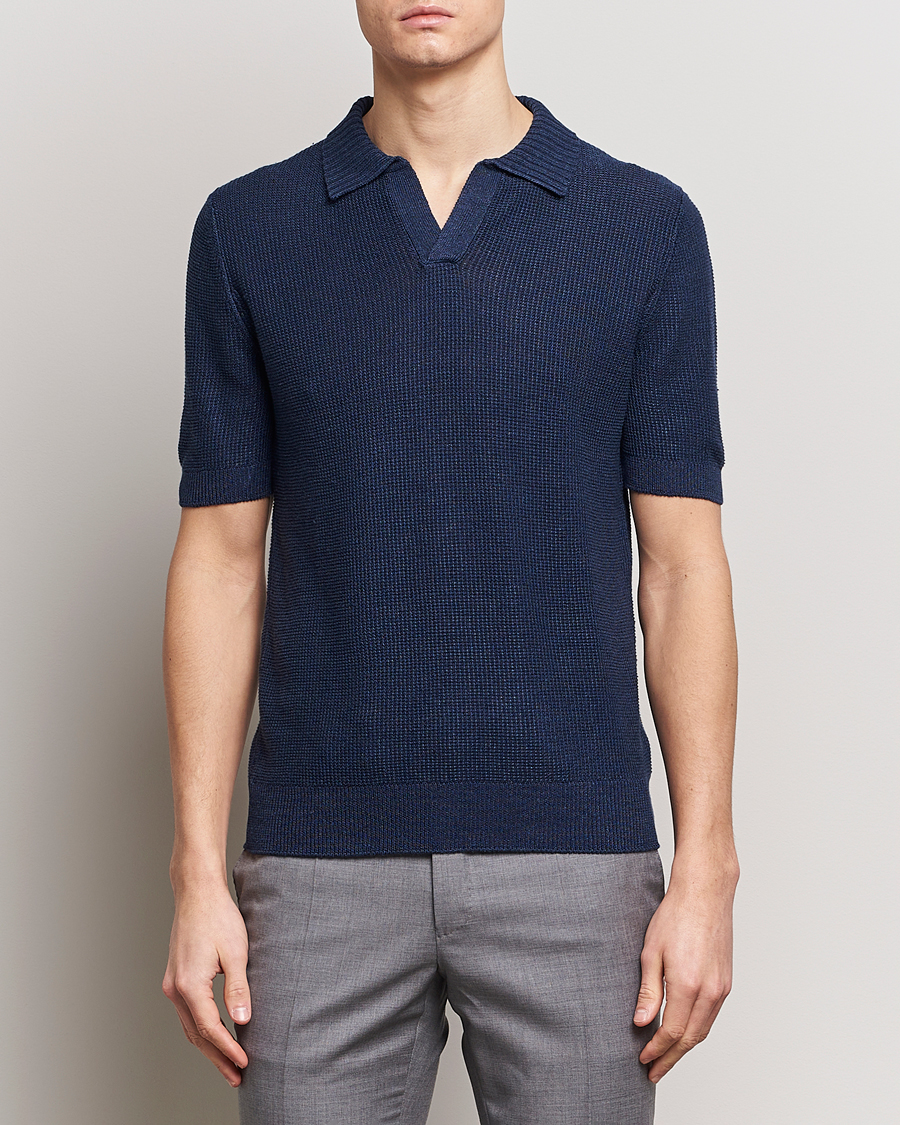 Men |  | Gran Sasso | Linen/Cotton Open Collar Polo Navy