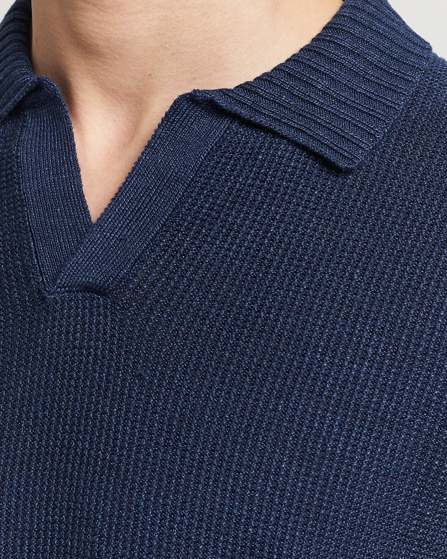 Men | Polo Shirts | Gran Sasso | Linen/Cotton Open Collar Polo Navy