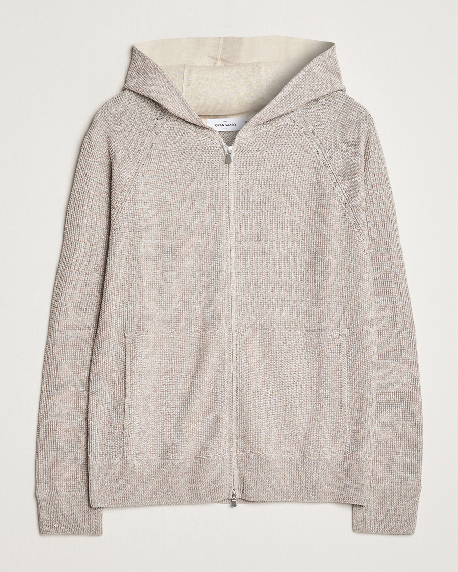 Men | Sweaters & Knitwear | Gran Sasso | Linen/Cotton Knitted Hooded Full Zip Beige Melange
