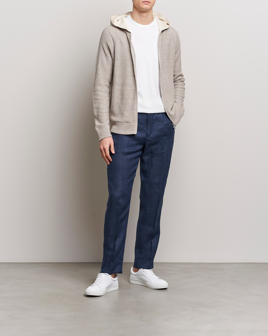 Men | Sweaters & Knitwear | Gran Sasso | Linen/Cotton Knitted Hooded Full Zip Beige Melange