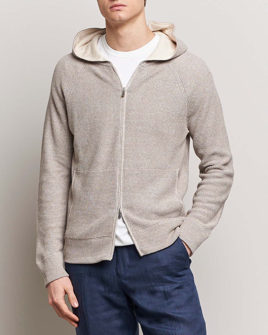 Men | Sweaters & Knitwear | Gran Sasso | Linen/Cotton Knitted Hooded Full Zip Beige Melange