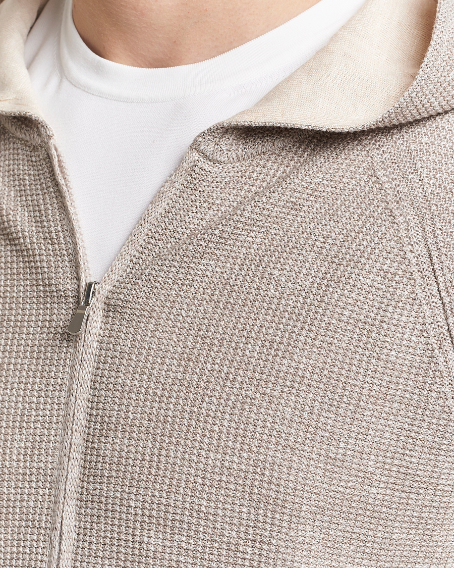Men | Sweaters & Knitwear | Gran Sasso | Linen/Cotton Knitted Hooded Full Zip Beige Melange