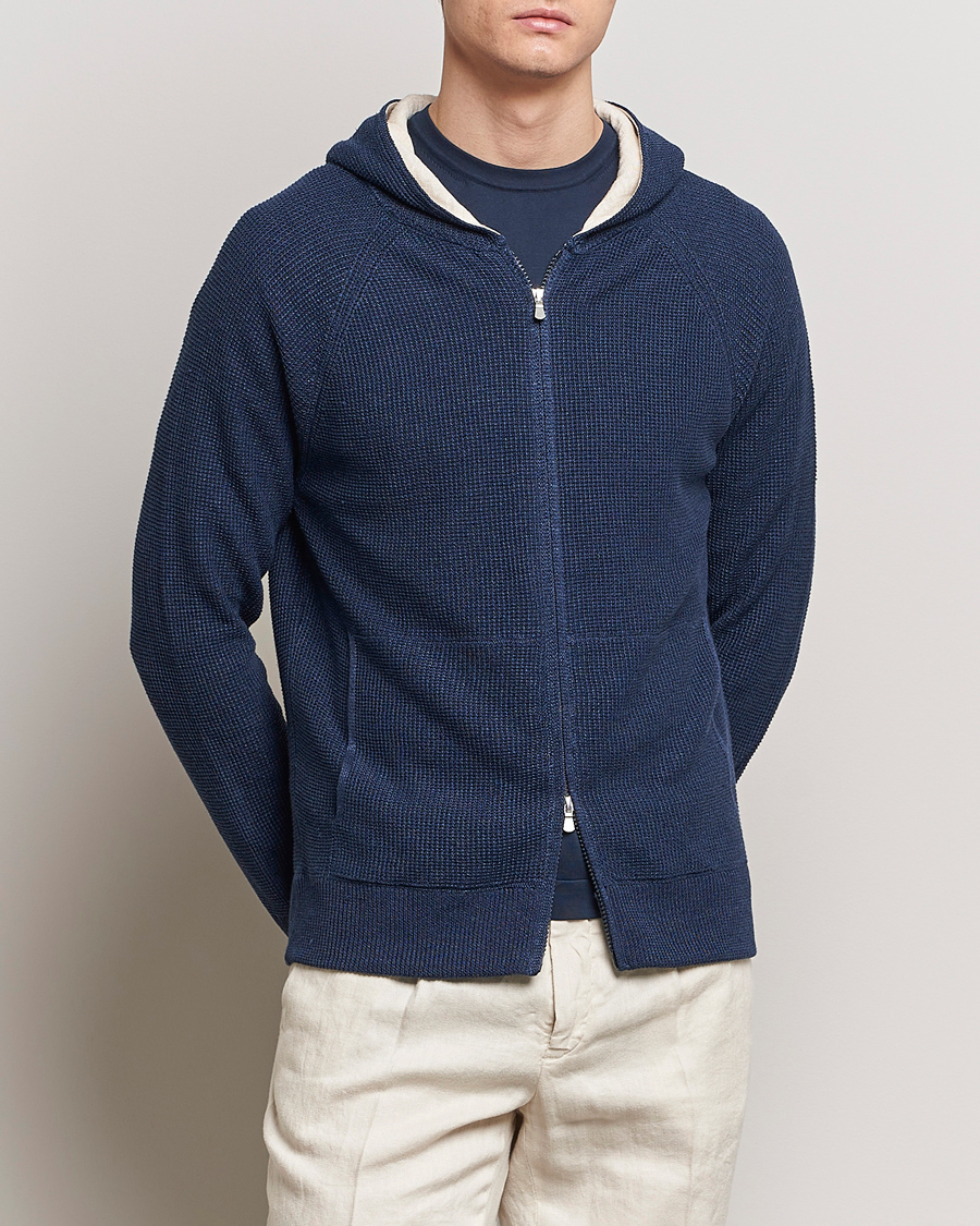 Men | Hooded Sweatshirts | Gran Sasso | Linen/Cotton Knitted Hooded Full Zip Navy