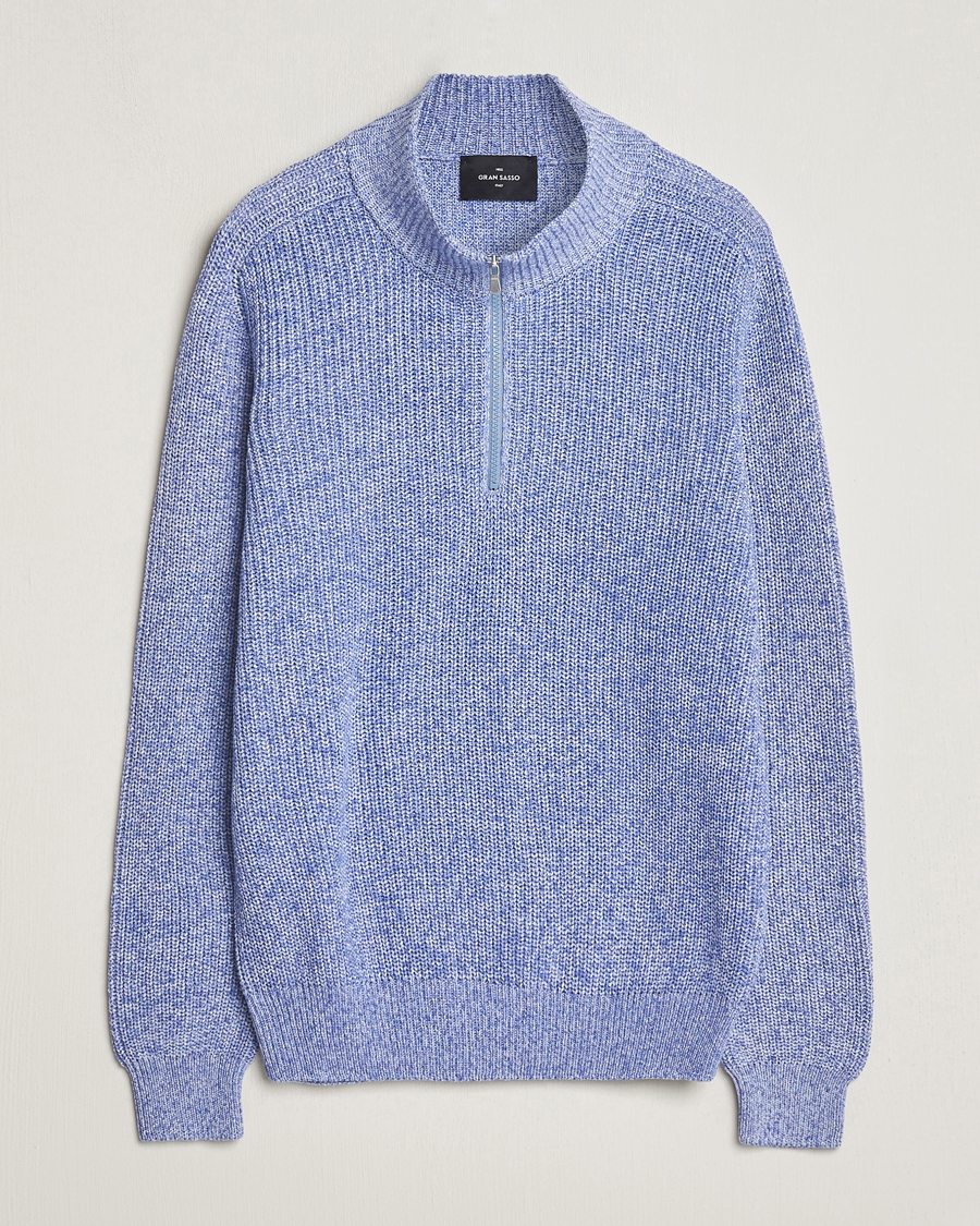 Men | Sweaters & Knitwear | Gran Sasso | Cotton Heavy Knitted Half Zip Blue Melange