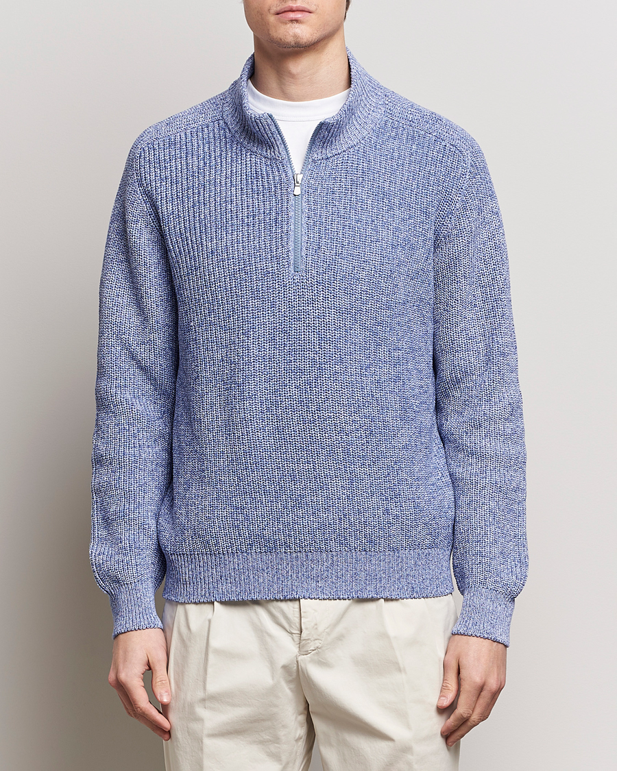 Men | Sweaters & Knitwear | Gran Sasso | Cotton Heavy Knitted Half Zip Blue Melange