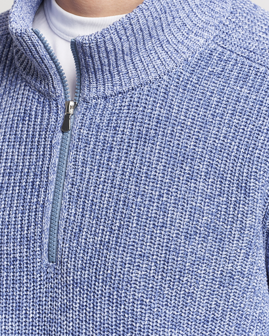 Men | Sweaters & Knitwear | Gran Sasso | Cotton Heavy Knitted Half Zip Blue Melange