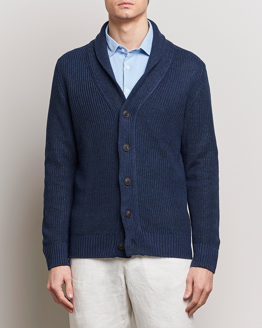 Men | Sweaters & Knitwear | Gran Sasso | Linen/Cotton Shawl Collar Cardigan Navy