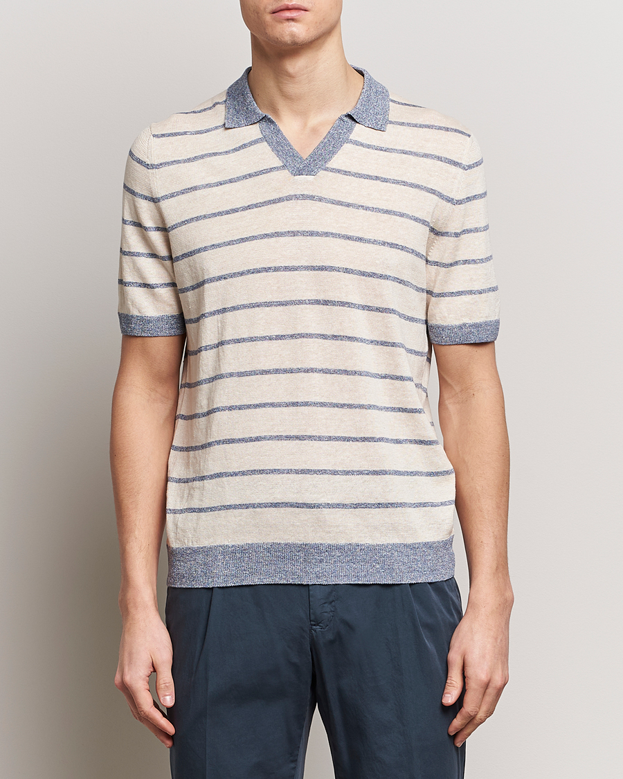 Men |  | Gran Sasso | Linen/Cotton Knitted Striped Open Collar Polo Cream/Blue