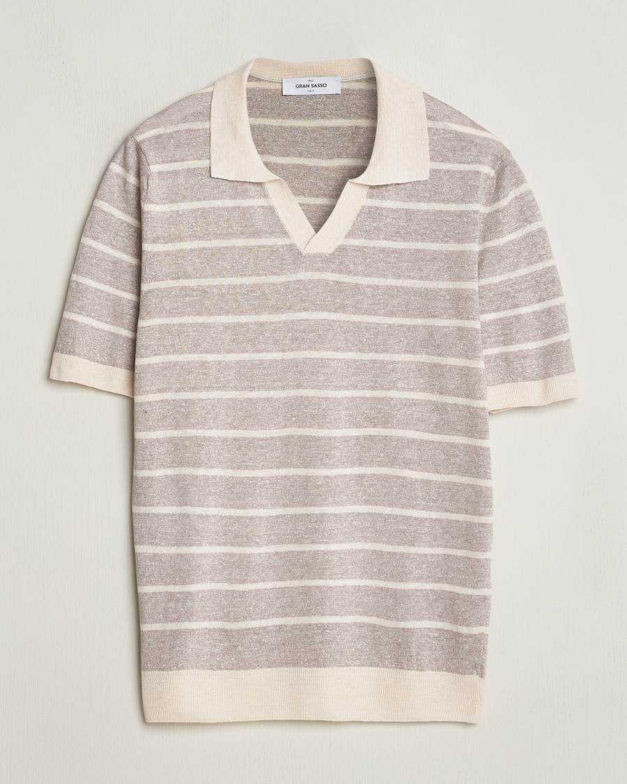 Men | Polo Shirts | Gran Sasso | Linen/Cotton Knitted Striped Open Collar Polo Beige/Cream